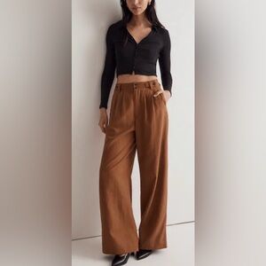 Madewell The Harlow Wide Leg Pants Women Size 6 Tall Brown Pleated Linen Blend